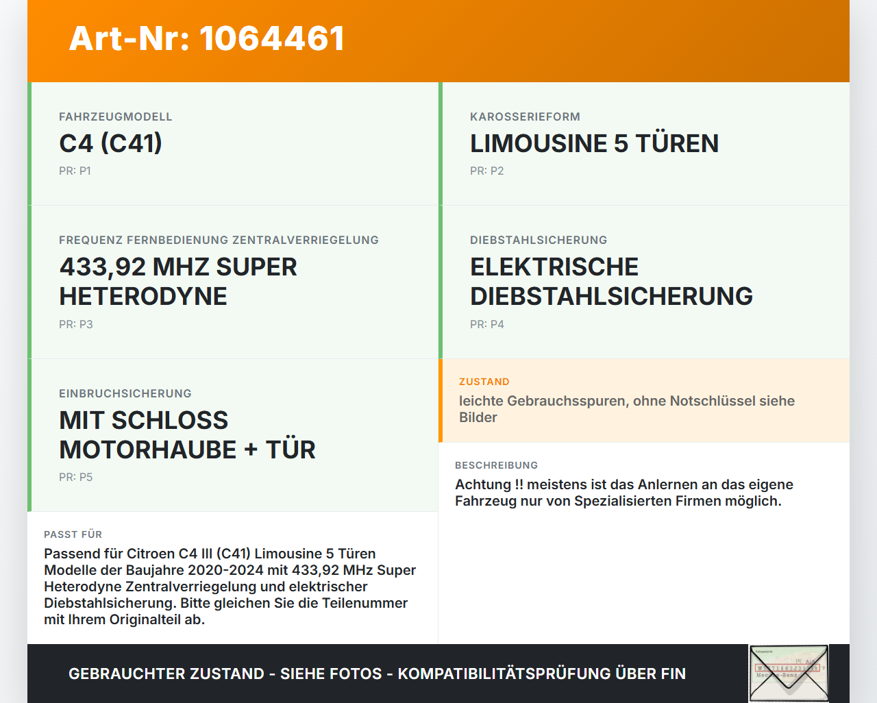 Citroen C4 III 20-24 SchräghLim ZV Schlüssel  Funkschlüssel Citroen C4 III 20-24 26.09.2024 gebraucht Vorschau 3