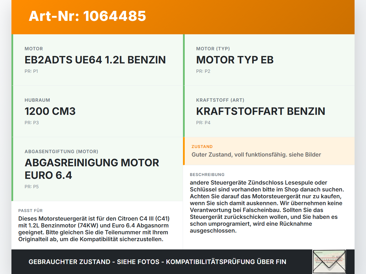 Citroen C4 III 20-24 1,2 74KW Steuergerät ECU für Motor Motorsteuergerät Citroen C4 III 20-24 26.09.2024 9815023380... Vorschau 3