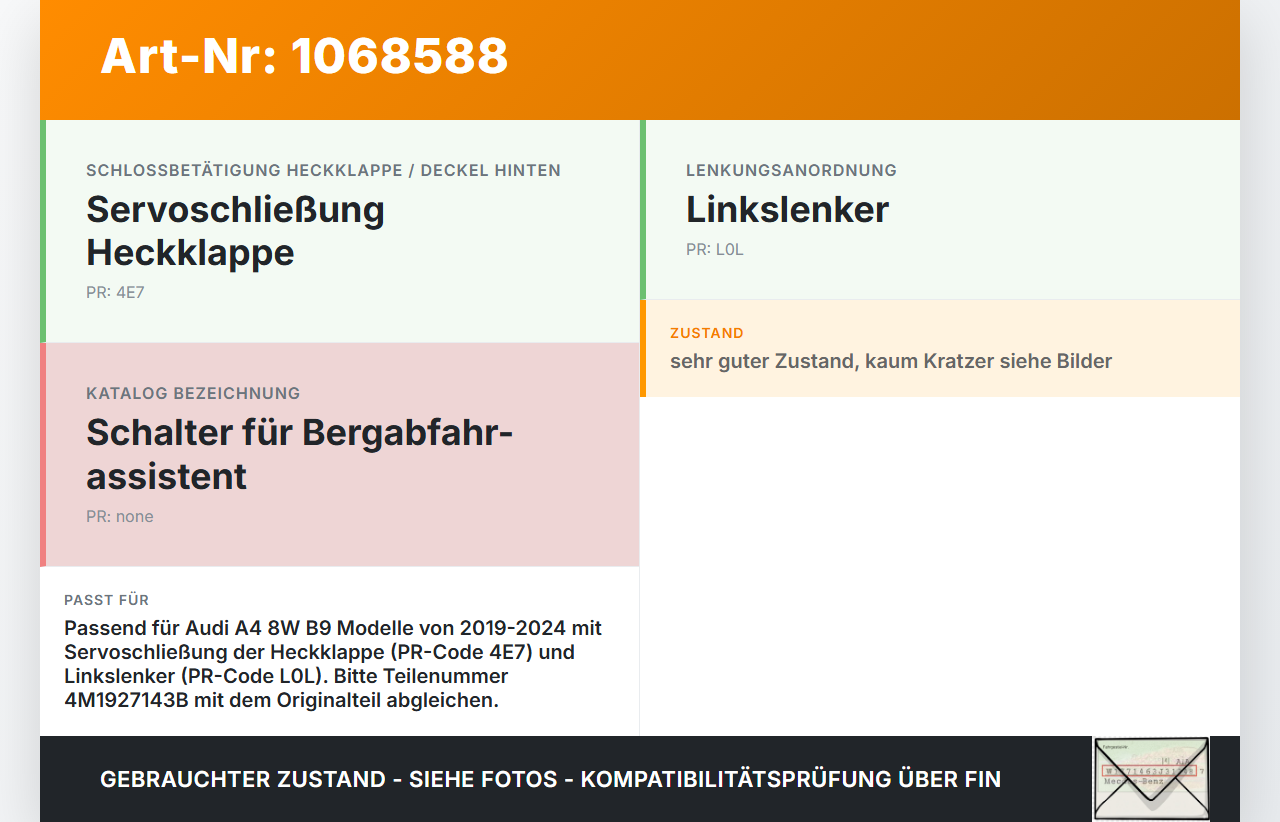 Audi A4 8W B9 19-24 Schalter Öffner Taster für Heckklappe Audi A4 8W B9 19-24 18.12.2015 4M1927143B gebraucht Vorschau 3