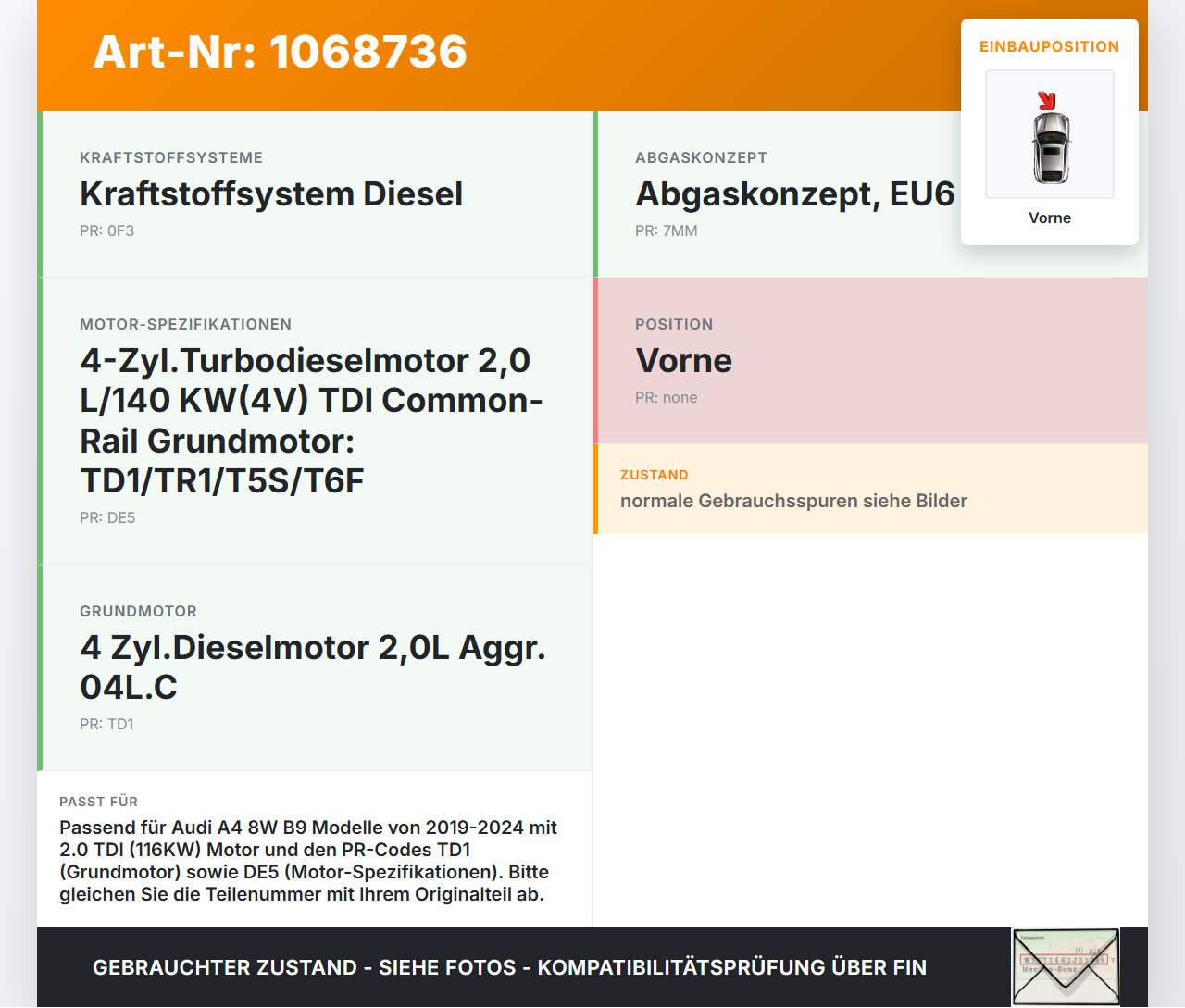 Audi A4 8W B9 19-24 TDI 2,0 116KW Lambdasonde Vorne Audi A4 8W B9 19-24 18.12.2015 8W0906265D gebraucht Vorschau 3