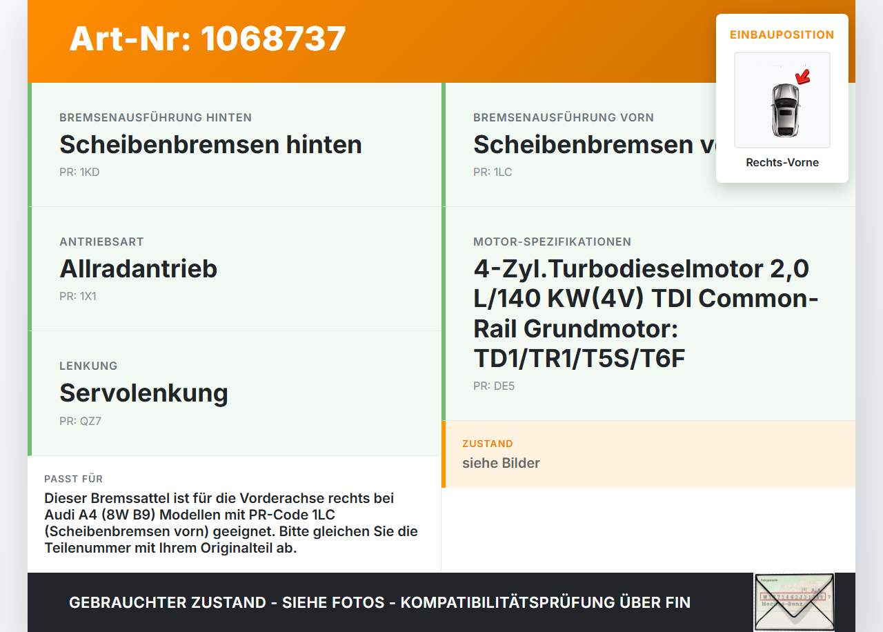 Audi A4 8W B9 19-24 TDI 2,0 116KW Bremssattel Bremszange Vorne Rechts Audi A4 8W B9 19-24 18.12.2015 8W0615108D... Vorschau 3