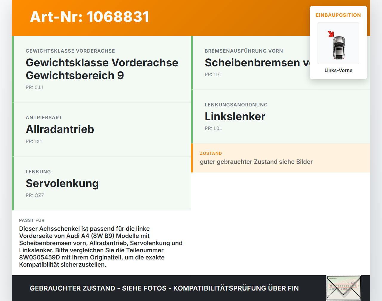 Audi A4 8W B9 19-24 TDI 2,0 116KW Achsschenkel Radnabe Links Vorne Audi A4 8W B9 19-24 18.12.2015 8W0407253F... Vorschau 3