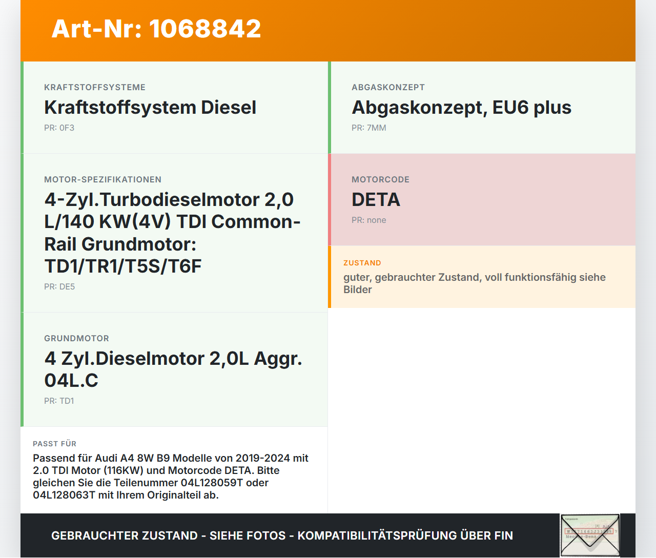 Audi A4 8W B9 19-24 TDI 2,0 116KW DETA Drosselklappe Audi A4 8W B9 19-24 18.12.2015 04L128063T 04L128059T... Vorschau 3