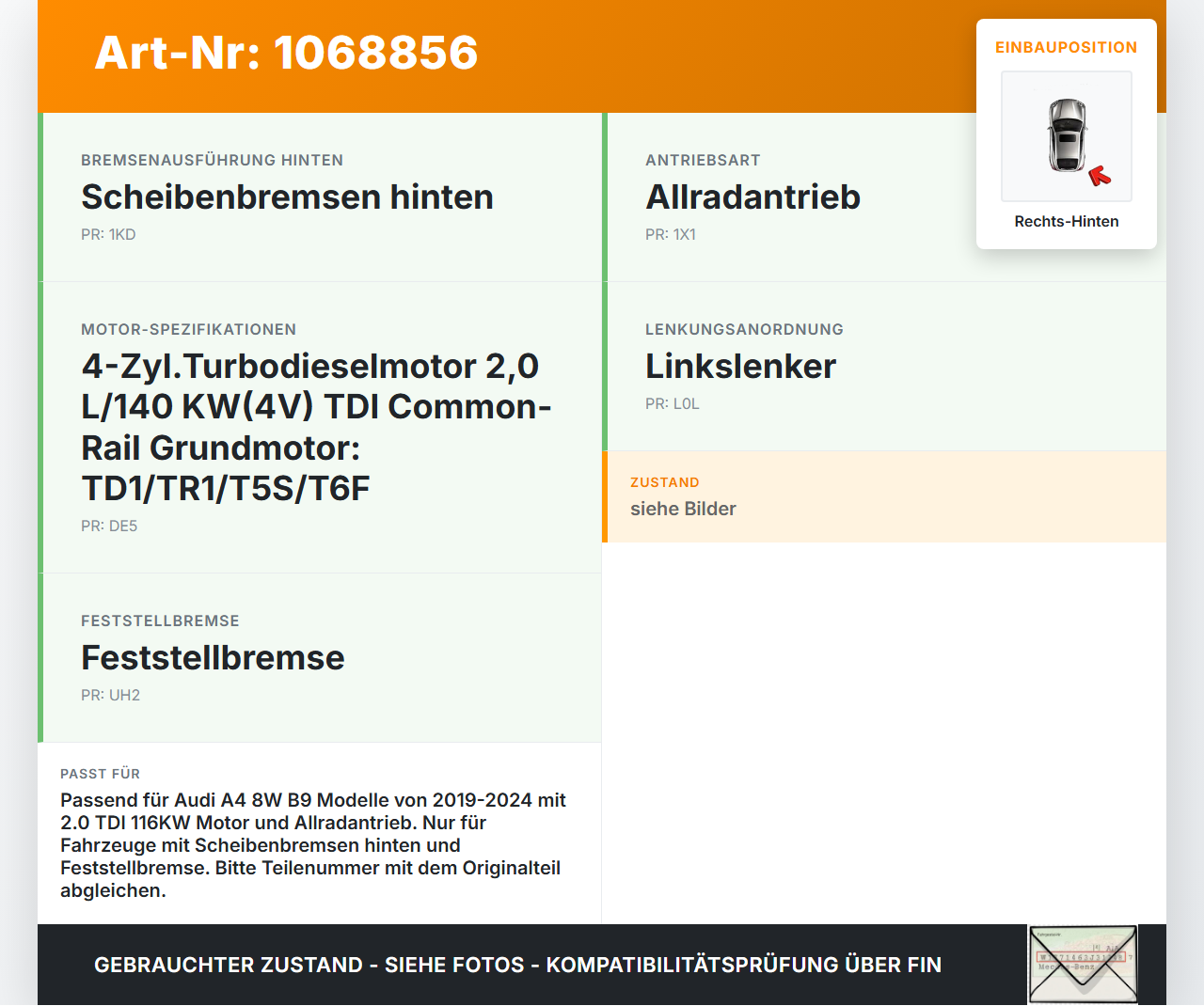 Audi A4 8W B9 19-24 TDI 2,0 116KW Stellmotor Parkbremse Bremssattel Hinten Rechts Audi A4 8W B9 19-24 18.12.2015... Vorschau 3