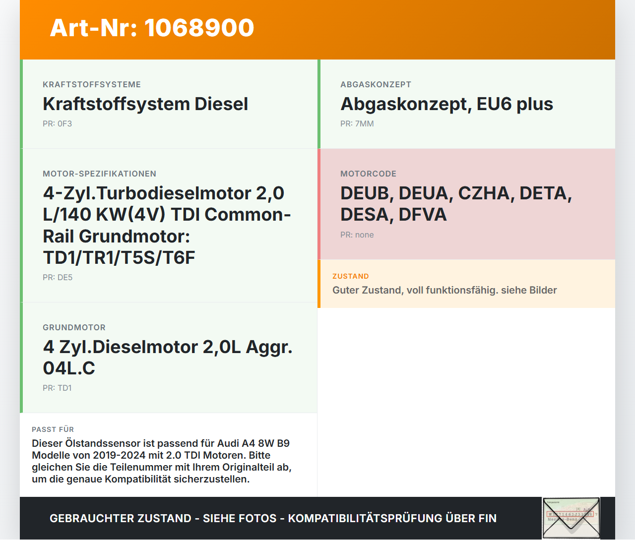 Audi A4 8W B9 19-24 TDI 2,0 116KW DETA Ölstandssensor Sensor für Öl Ölsensor Audi A4 8W B9 19-24 18.12.2015... Vorschau 3