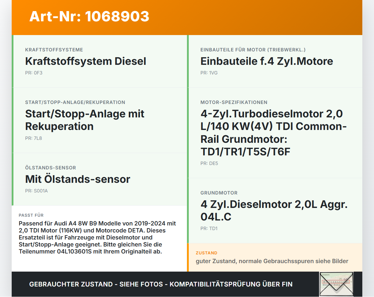 Audi A4 8W B9 19-24 TDI 2,0 116KW DETA Ölwanne Motorwanne Audi A4 8W B9 19-24 18.12.2015 04L103601S GD01879 gebraucht Vorschau 3