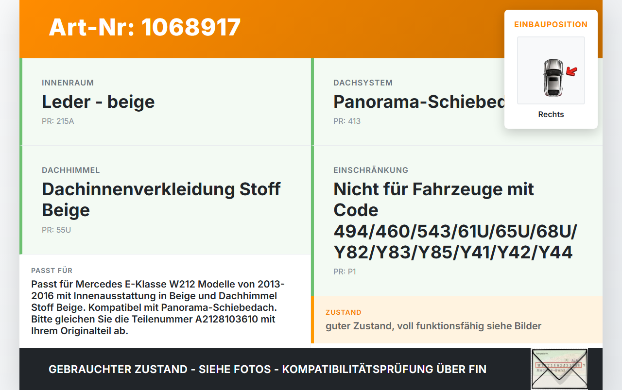 Mercedes E250 W212 13-16 Sonnenblende Rechts für Beifahrer Mercedes E250 W212 13-16 17.09.2013 A2128103610... Vorschau 3