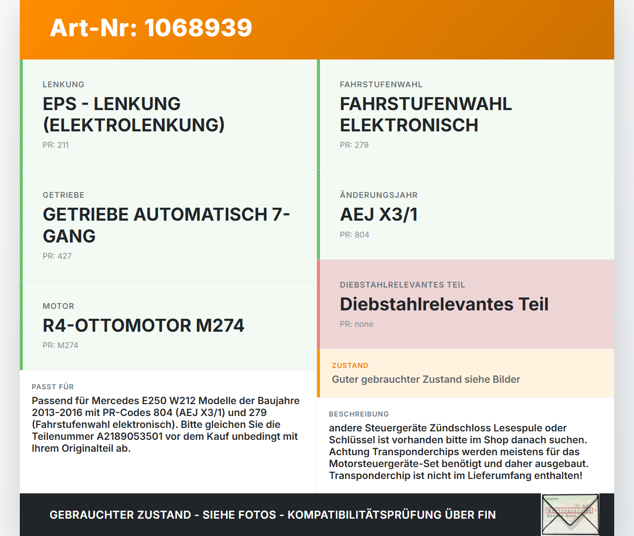Mercedes E250 W212 13-16 Zündschloss mit Schlüssel Mercedes E250 W212 13-16 17.09.2013 A2189053501 10102200-00 gebraucht Vorschau 3