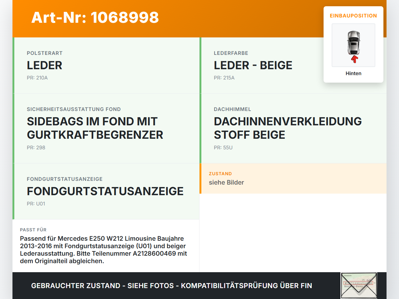 Mercedes E250 W212 13-16 Lim Gurtschloss Hinten Mitte Mercedes E250 W212 13-16 17.09.2013 A2128600469 34022732C... Vorschau 3