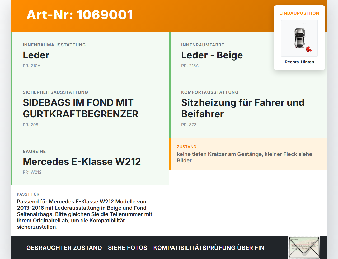 Mercedes E250 W212 13-16 Kopfstütze Rechts Hinten Mercedes E250 W212 13-16 17.09.2013 A2129704078 gebraucht Vorschau 3