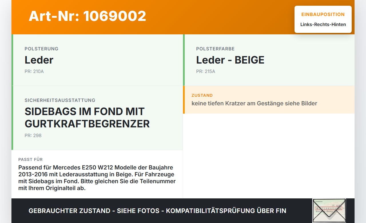 Mercedes E250 W212 13-16 Kopfstütze Rechts oder Links Hinten Mercedes E250 W212 13-16 17.09.2013 A2129704078 gebraucht Vorschau 3