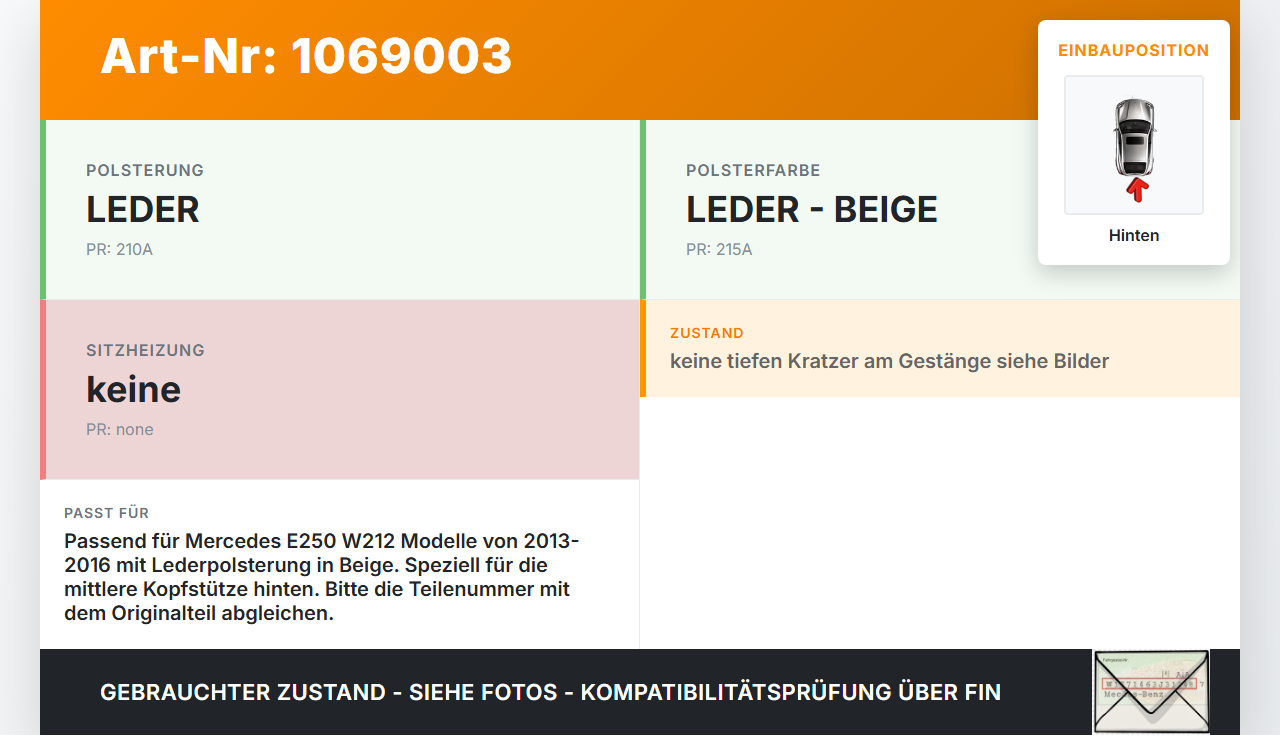 Mercedes E250 W212 13-16 Kopfstütze Mitte Hinten Mercedes E250 W212 13-16 17.09.2013 A2129705178 gebraucht Vorschau 3