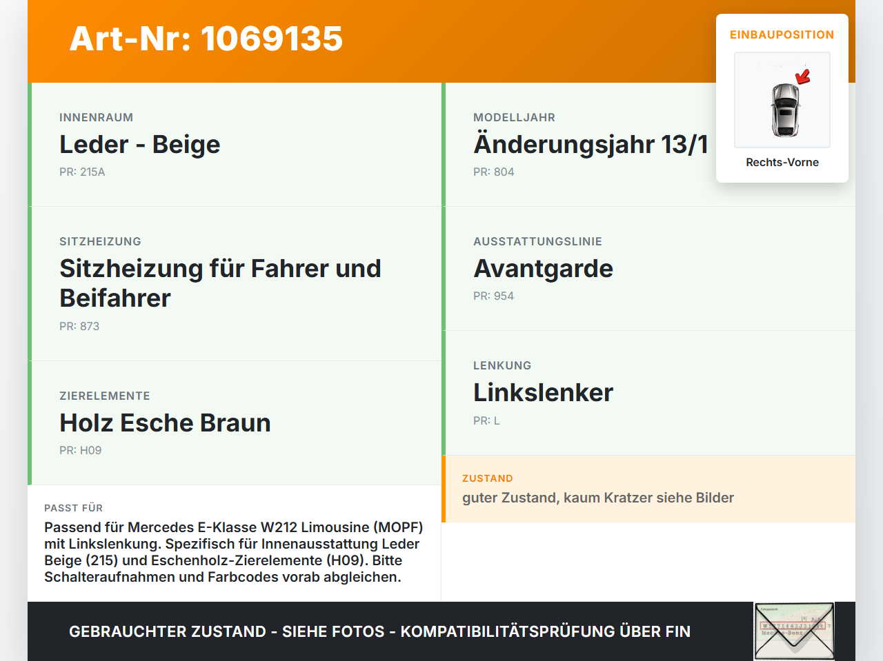 Mercedes E250 W212 13-16 Lim Türverkleidung Türpappe Rechts Vorne Mercedes E250 W212 13-16 17.09.2013 A2127200462... Vorschau 3