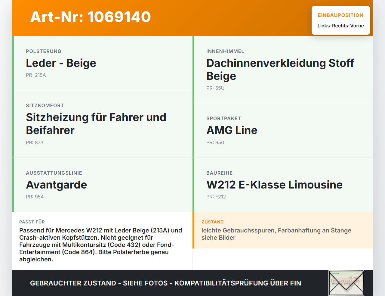 Mercedes E250 W212 13-16 Lim Leder Kopfstütze für Beifahrer Sitz Rechts oder Links Vorne Crash Aktiv Mercedes E250... Vorschau 3