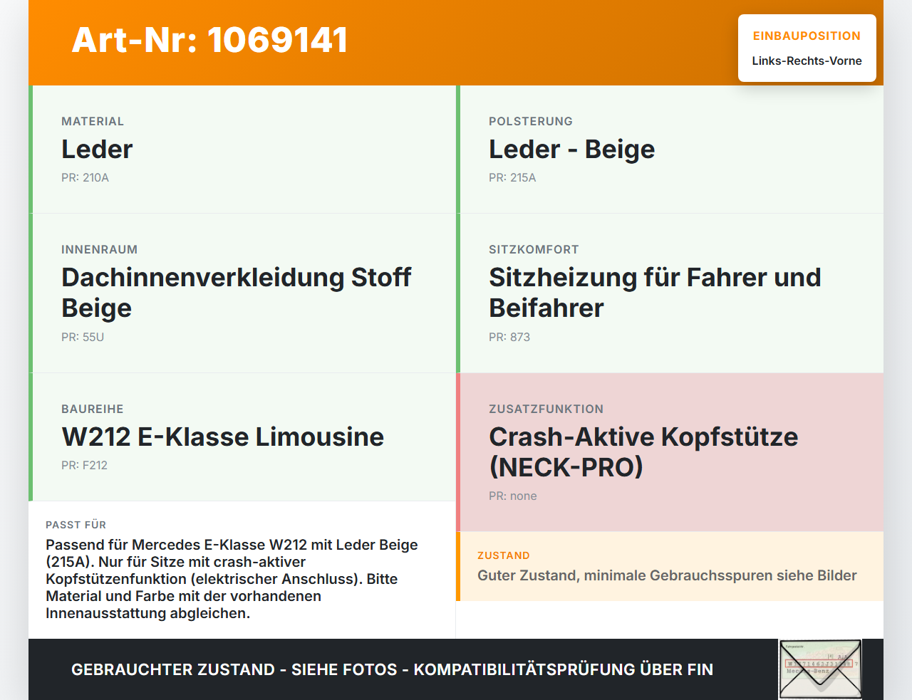 Mercedes E250 W212 13-16 Lim Leder Kopfstütze für Beifahrer Sitz Rechts oder Links Vorne Crash Aktiv Mercedes E250... Vorschau 3