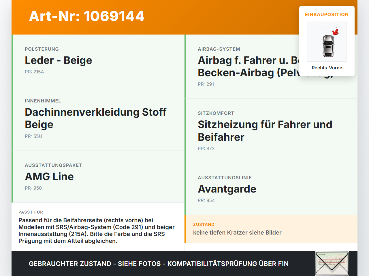 Mercedes E250 W212 13-16 Verkleidung Airbagabdeckung SRS für Beifahrer Sitz Rechts Vorne Mercedes E250 W212 13-16... Vorschau 3