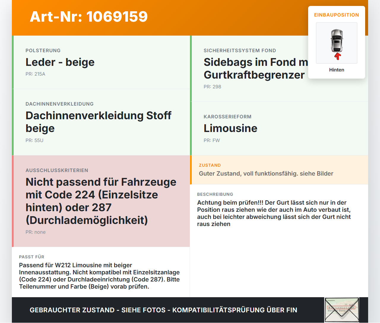 Mercedes E250 W212 13-16 Lim Gurt Sicherheitsgurt Mitte Hinten Mercedes E250 W212 13-16 17.09.2013 A2128601485... Vorschau 3