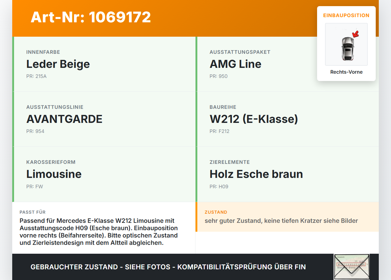 Mercedes E250 W212 13-16 Lim Türleiste Rechts Vorne Innen Holz Esche Braun H09  149 Mercedes E250 W212 13-16... Vorschau 3