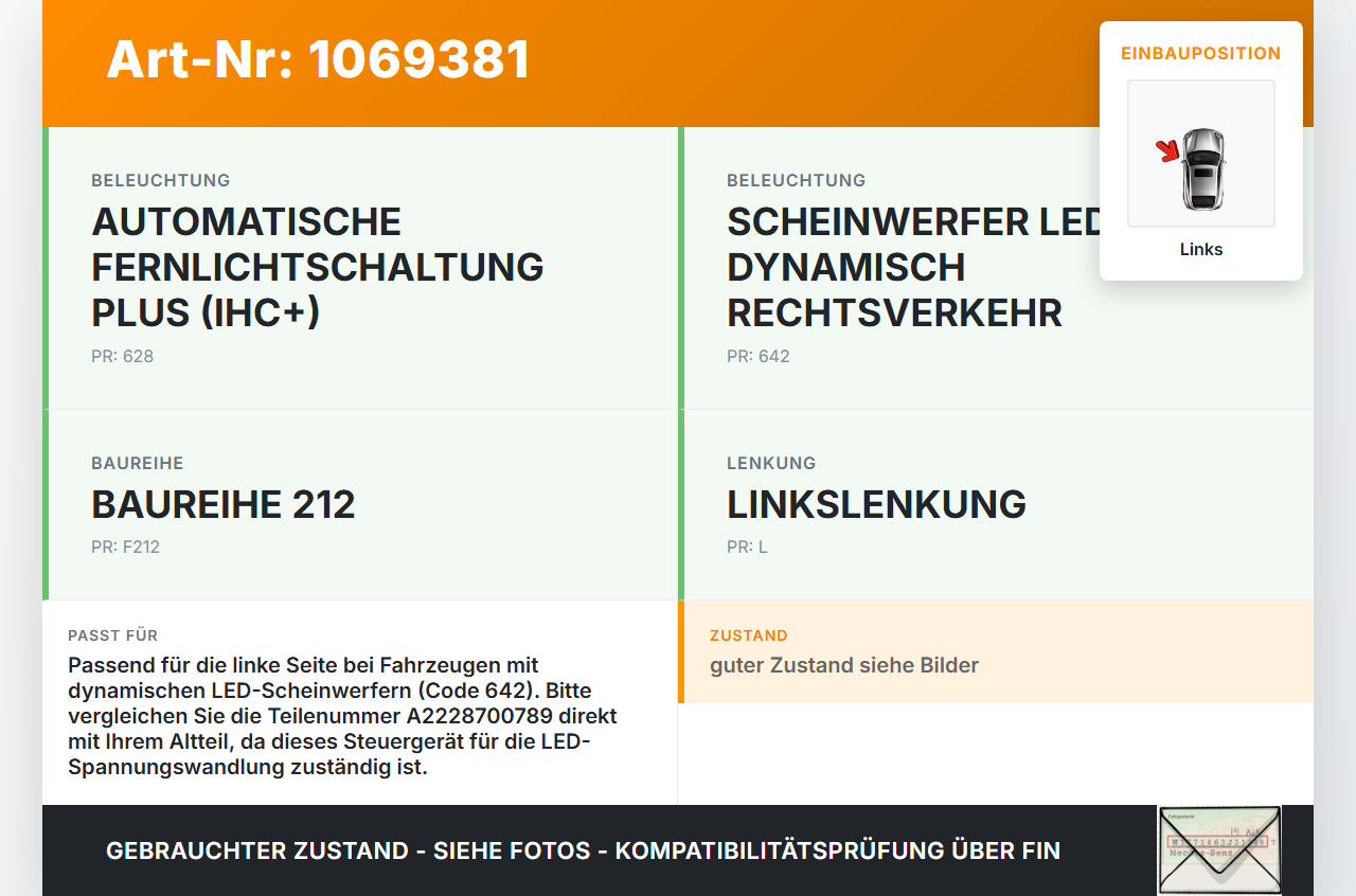 Mercedes E250 W212 13-16 Xenon Vorschaltgerät Steuergerät Links Mercedes E250 W212 13-16 17.09.2013 A2228700789... Vorschau 3