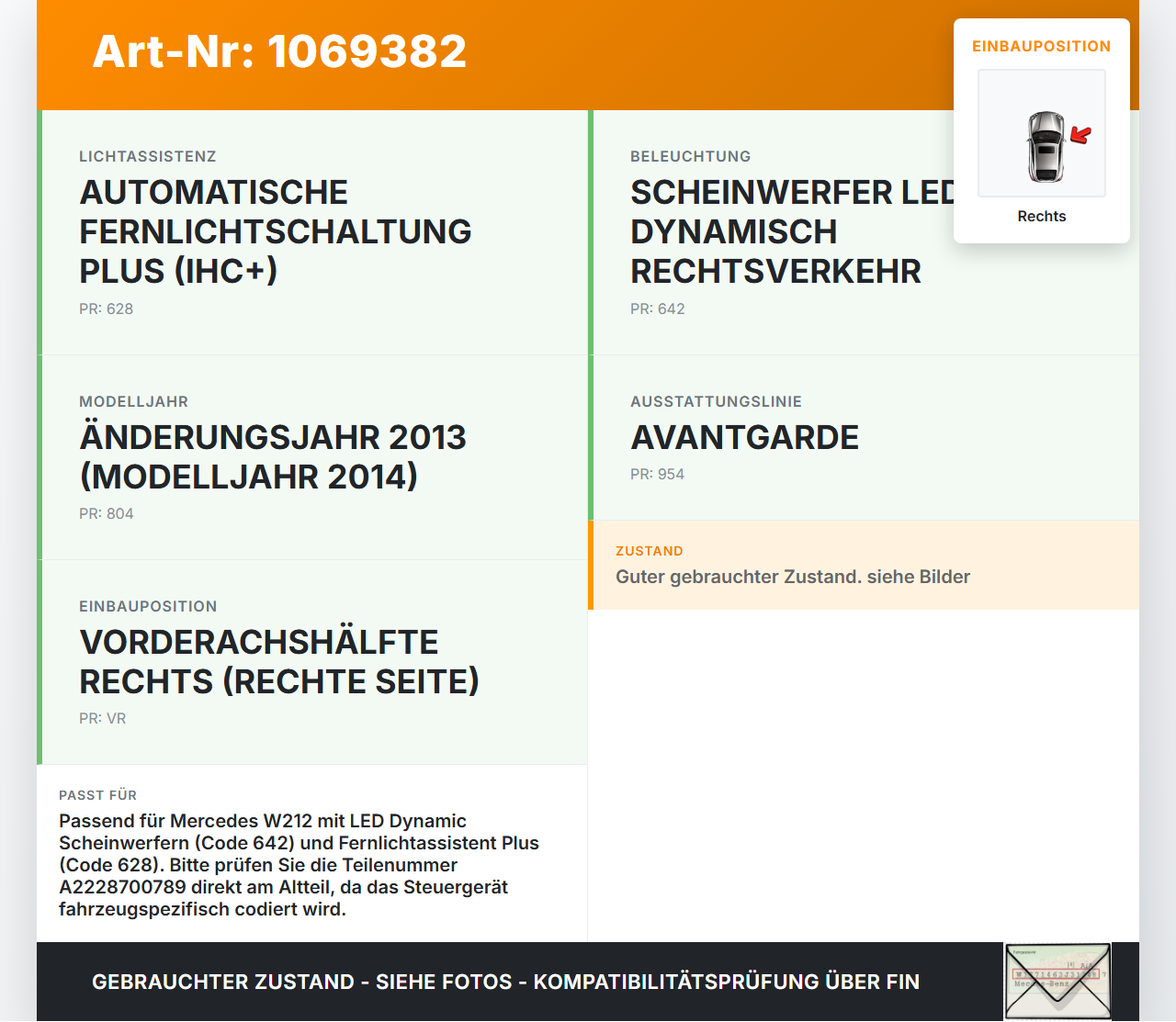 Mercedes E250 W212 13-16 Steuergerät Scheinwerfer Kontrolle Rechts Mercedes E250 W212 13-16 17.09.2013 A2228700789... Vorschau 3