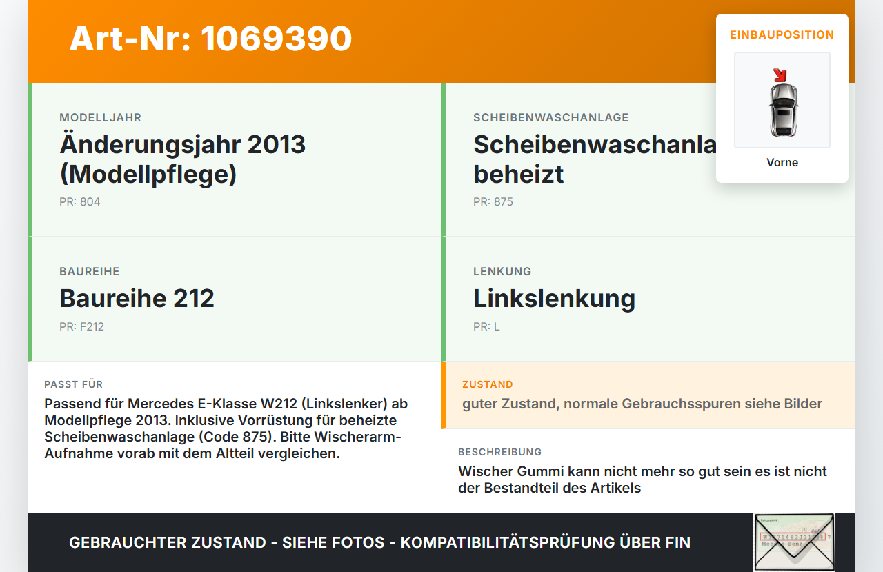 Mercedes E250 W212 13-16 2x Scheibenwischer Wischarm Vorne Mercedes E250 W212 13-16 17.09.2013 A2128201344 gebraucht Vorschau 3