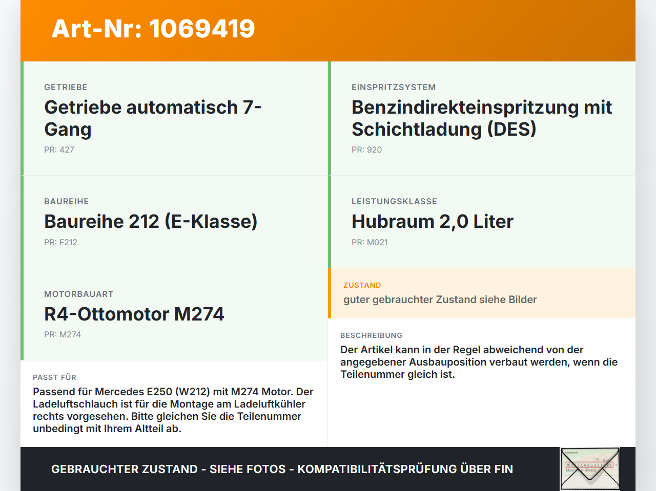 Mercedes E250 W212 13-16 2,0 155KW Ansaugrohr Ladeluftschlauch Luftschlauch Pos.1 Mercedes E250 W212 13-16... Vorschau 3