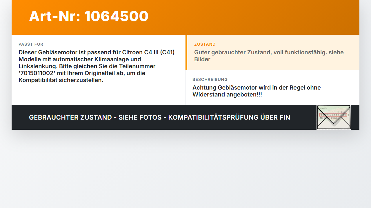Citroen C4 III 20-24 Gebläsemotor Lüftermotor Heizungsgebläse Citroen C4 III 20-24 26.09.2024 7015011002 gebraucht Vorschau 3