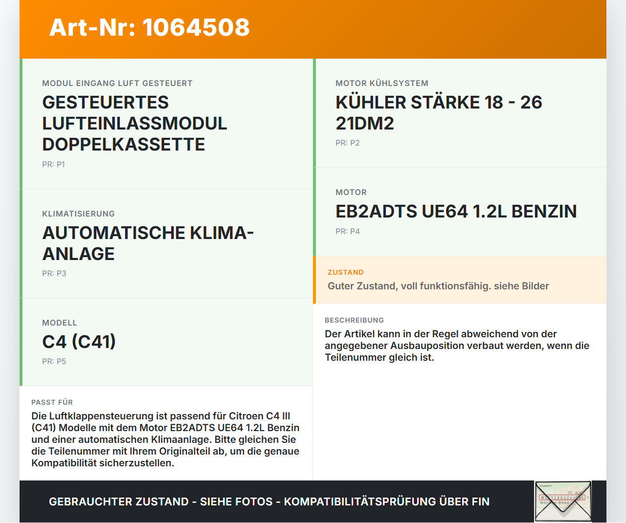 Citroen C4 III 20-24 1,2 74KW Luftklappensteuerung Kühlerjalousie Luftführung Kühler Citroen C4 III 20-24... Vorschau 3