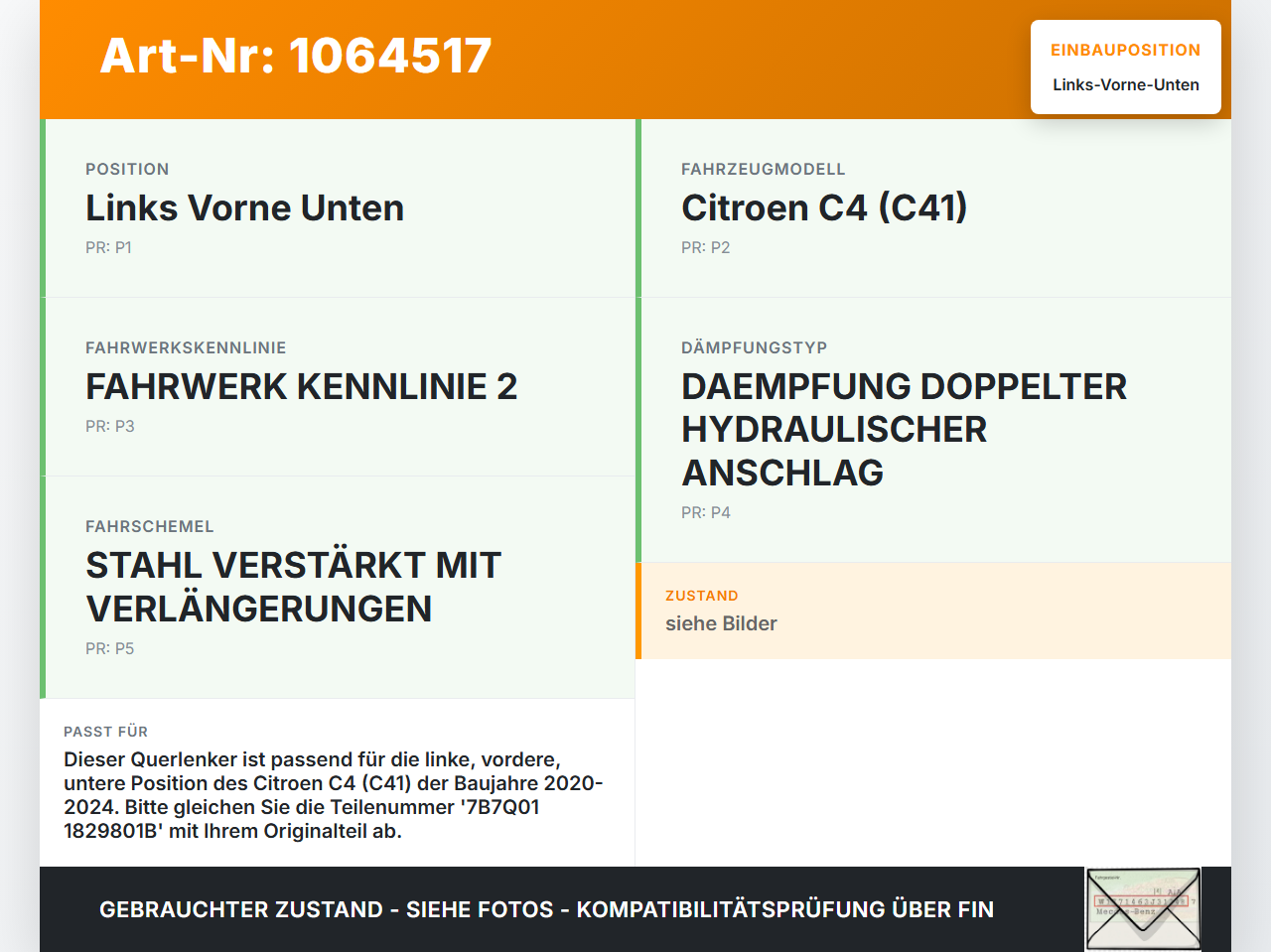 Citroen C4 III 20-24 Querlenker Links Vorne Unten Citroen C4 III 20-24 26.09.2024 7B7Q01 1829801B gebraucht Vorschau 3