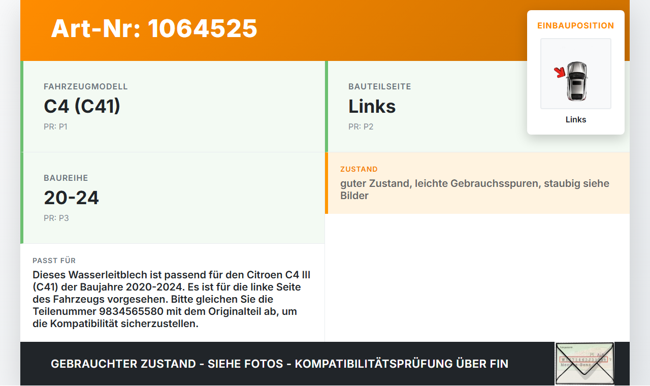 Citroen C4 III 20-24 Wasserabweiser Wasserleitblech Links Citroen C4 III 20-24 26.09.2024 9834565580 gebraucht Vorschau 3
