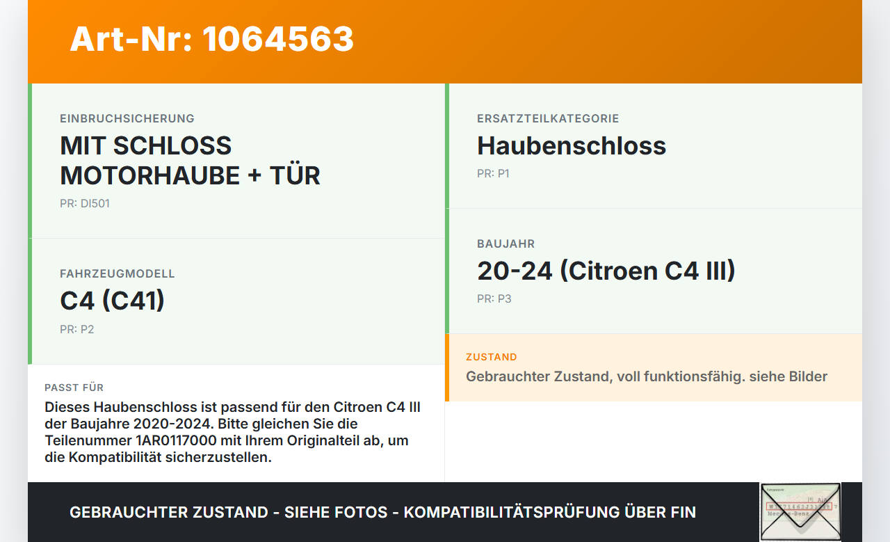 Citroen C4 III 20-24 Haubenschloss Motorhaubenschloss Schloss Citroen C4 III 20-24 26.09.2024 1AR0117000 gebraucht Vorschau 3