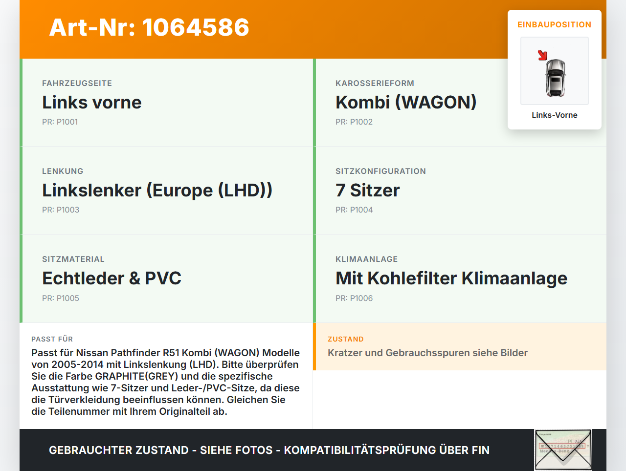 Nissan Pathfinder R51 05-14 Kombi Türverkleidung Türpappe Links Vorne Nissan Pathfinder R51 05-14 12.08.2005... Vorschau 3
