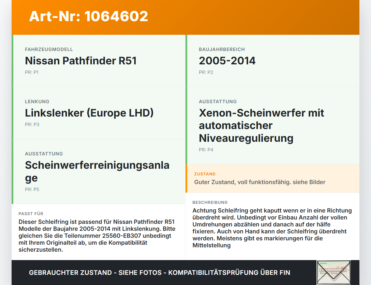 Nissan Pathfinder R51 05-14 Airbag Schleifring Wickelfeder Nissan Pathfinder R51 05-14 12.08.2005 25560-EB307 gebraucht Vorschau 3