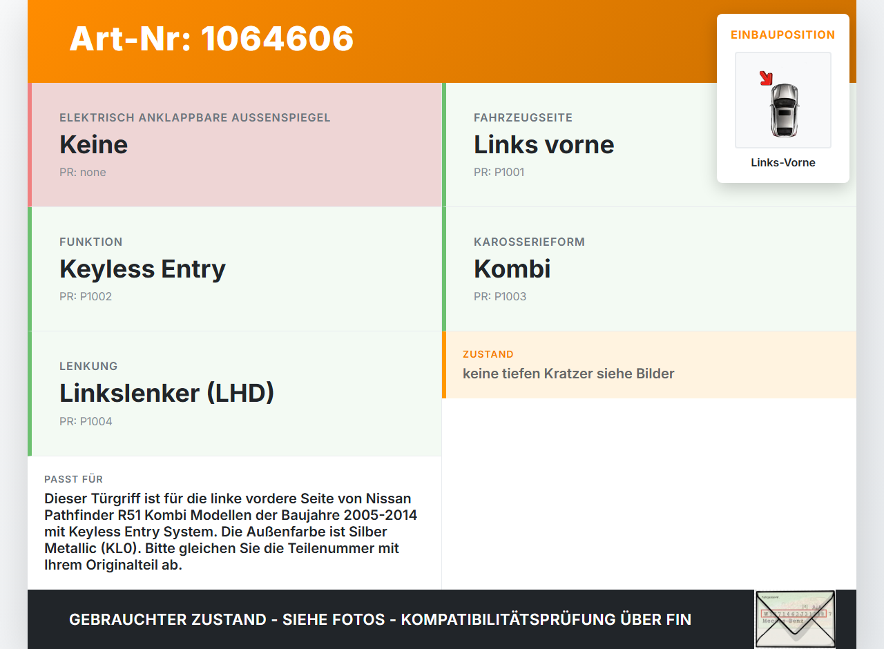 Nissan Pathfinder R51 05-14 Kombi Türgriff Griff aussen Links Vorne Keyless Entry KL0 Nissan Pathfinder R51 05-14... Vorschau 3