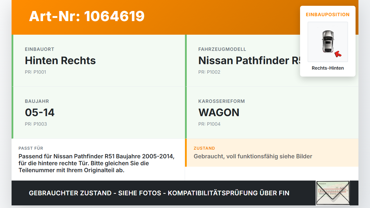 Nissan Pathfinder R51 05-14 Kombi Türfangband Türbremse Türanschlag Rechts Hinten Nissan Pathfinder R51 05-14... Vorschau 3