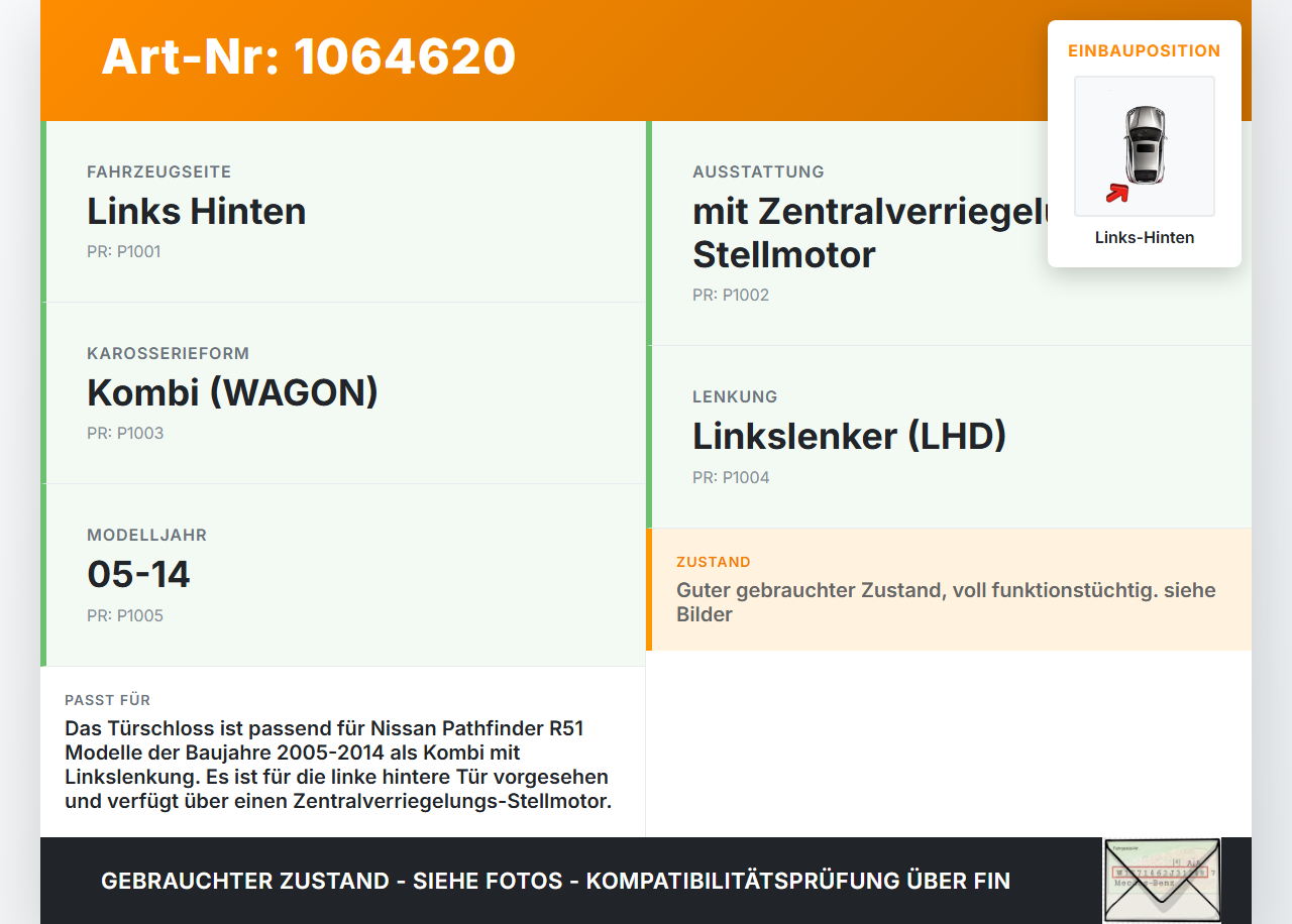 Nissan Pathfinder R51 05-14 Kombi Türschloss m. ZV Stellmotor Links Hinten Nissan Pathfinder R51 05-14 12.08.2005... Vorschau 3