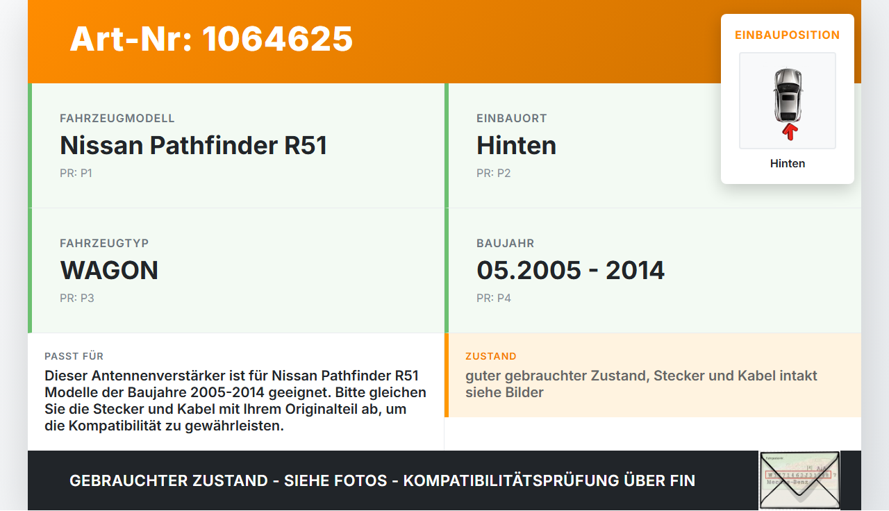 Nissan Pathfinder R51 05-14 Antennenverstärker Weiche Antenne Hinten Nissan Pathfinder R51 05-14 12.08.2005 gebraucht Vorschau 3