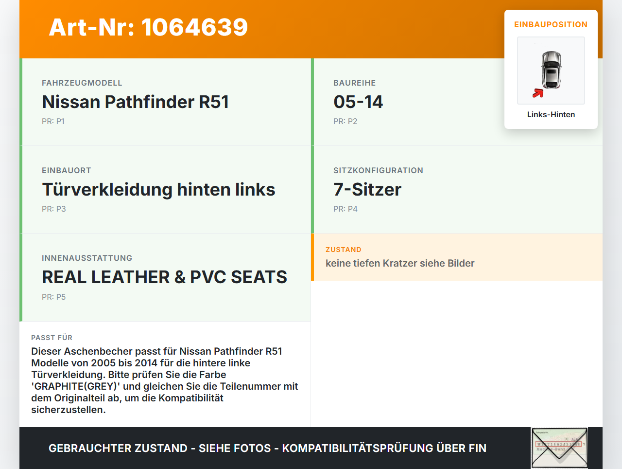 Nissan Pathfinder R51 05-14 Aschenbecher Ascher für Türverkleidung Links Hinten Nissan Pathfinder R51 05-14... Vorschau 3