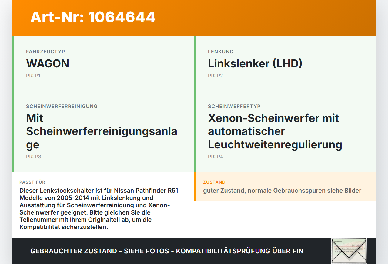 Nissan Pathfinder R51 05-14 Lenkstockschalter Wischerschalter Wischer Nissan Pathfinder R51 05-14 12.08.2005... Vorschau 3
