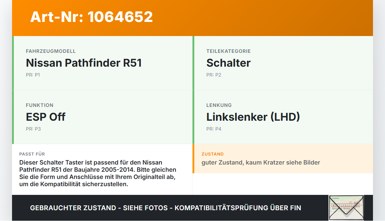 Nissan Pathfinder R51 05-14 Schalter ESP Off Nissan Pathfinder R51 05-14 12.08.2005 gebraucht Vorschau 3