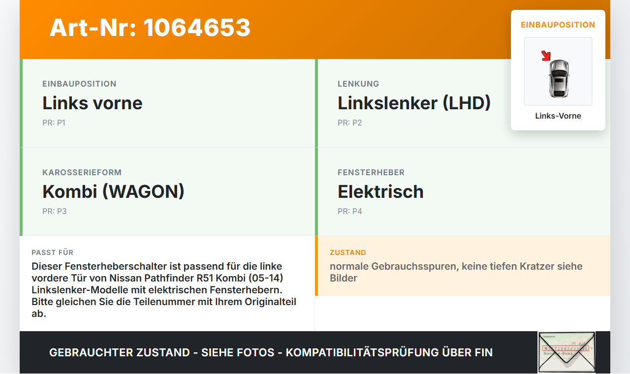 Nissan Pathfinder R51 05-14 Kombi Fensterheberschalter Schalter Links Vorne Nissan Pathfinder R51 05-14 12.08.2005... Vorschau 3