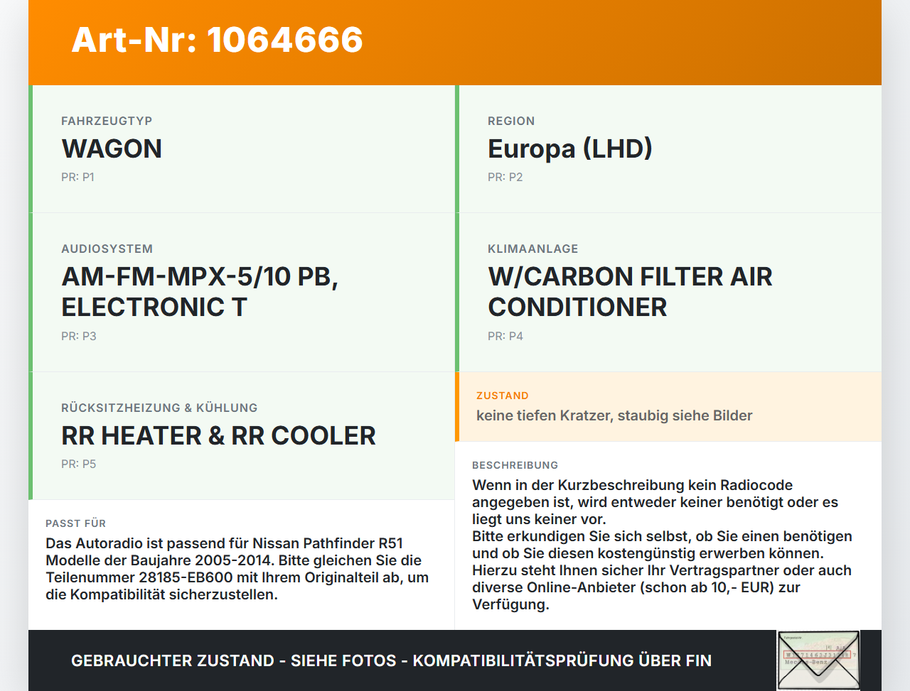 Nissan Pathfinder R51 05-14 Autoradio CD-Radio Nissan Pathfinder R51 05-14 12.08.2005 28185-EB600 286-6469-05 gebraucht Vorschau 3
