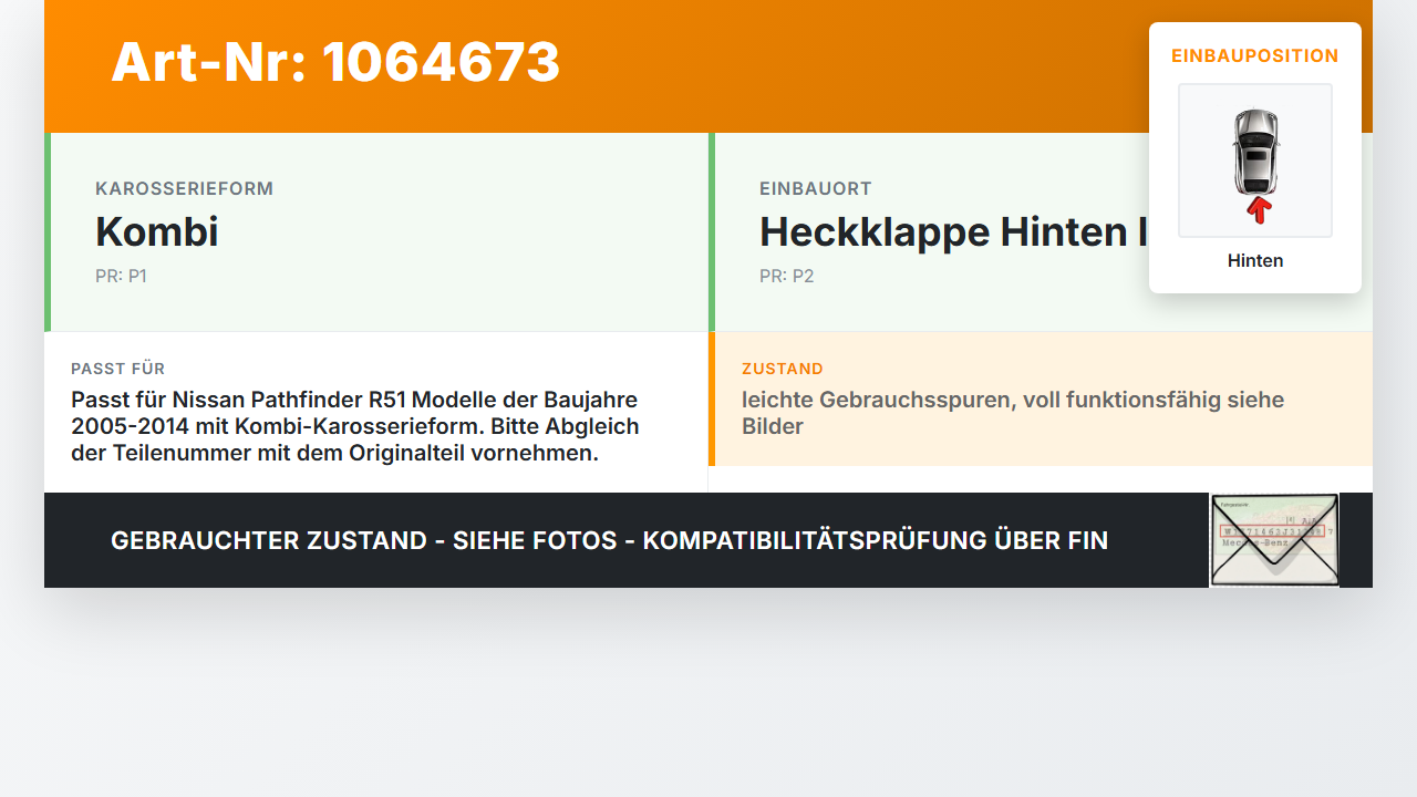 Nissan Pathfinder R51 05-14 Kombi Türgriff Griff Heckklappe Hinten Innen Nissan Pathfinder R51 05-14 12.08.2005... Vorschau 3