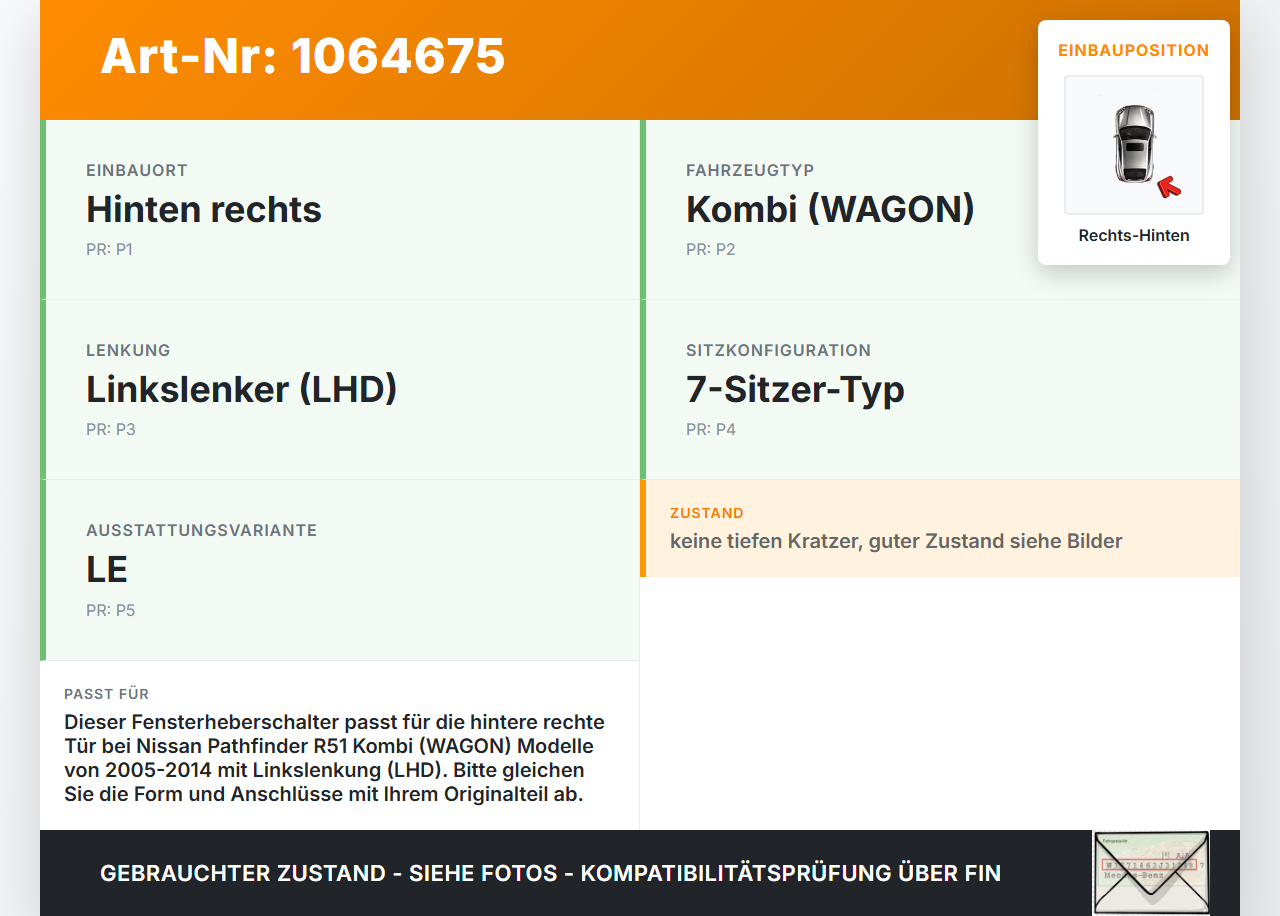 Nissan Pathfinder R51 05-14 Kombi Fensterheberschalter Schalter Rechts Hinten Nissan Pathfinder R51 05-14... Vorschau 3