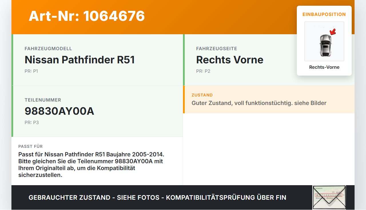 Nissan Pathfinder R51 05-14 Sensor Airbag Crashsensor Airbagsensor Rechts Vorne Nissan Pathfinder R51 05-14... Vorschau 3