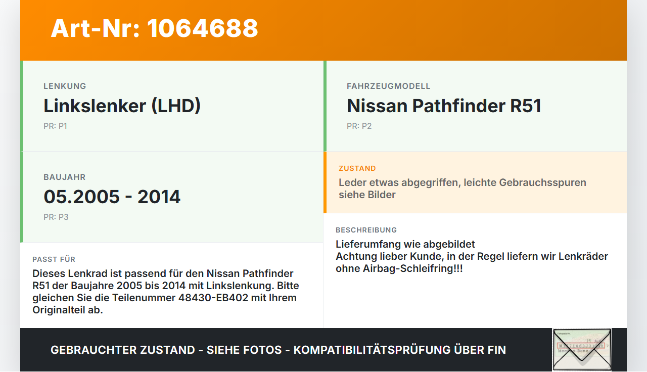 Nissan Pathfinder R51 05-14 Lenkrad Airbaglenkrad Nissan Pathfinder R51 05-14 12.08.2005 48430-EB402 gebraucht Vorschau 3
