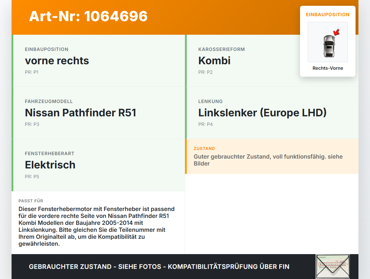 Nissan Pathfinder R51 05-14 Kombi Fensterhebermotor mit Fensterheber Rechts Vorne Nissan Pathfinder R51 05-14... Vorschau 3