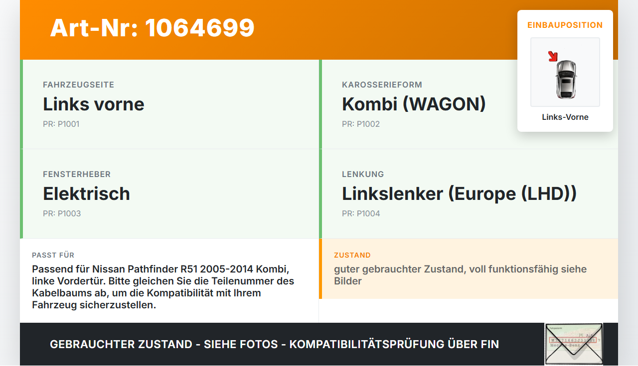 Nissan Pathfinder R51 05-14 Kombi Kabelbaum Tür und Fensterheber Links Vorne Nissan Pathfinder R51 05-14 12.08.2005... Vorschau 3