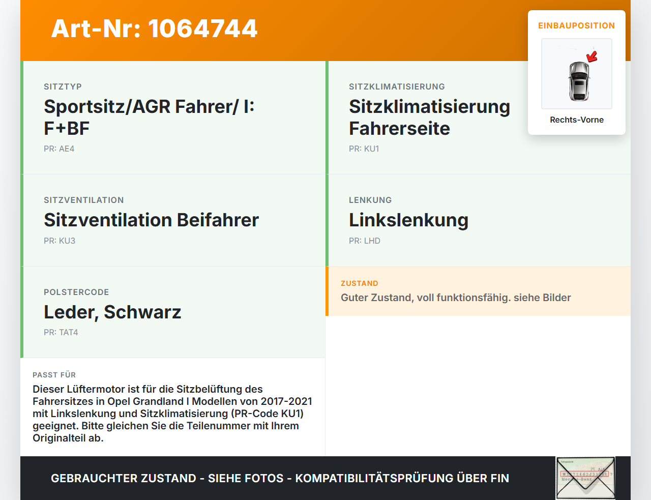 Opel Grandland I 17-21 Lüftermotor Sitzbelüftung für Fahrer Sitz Rechts Vorne Opel Grandland I 17-21 29.03.2018... Vorschau 3