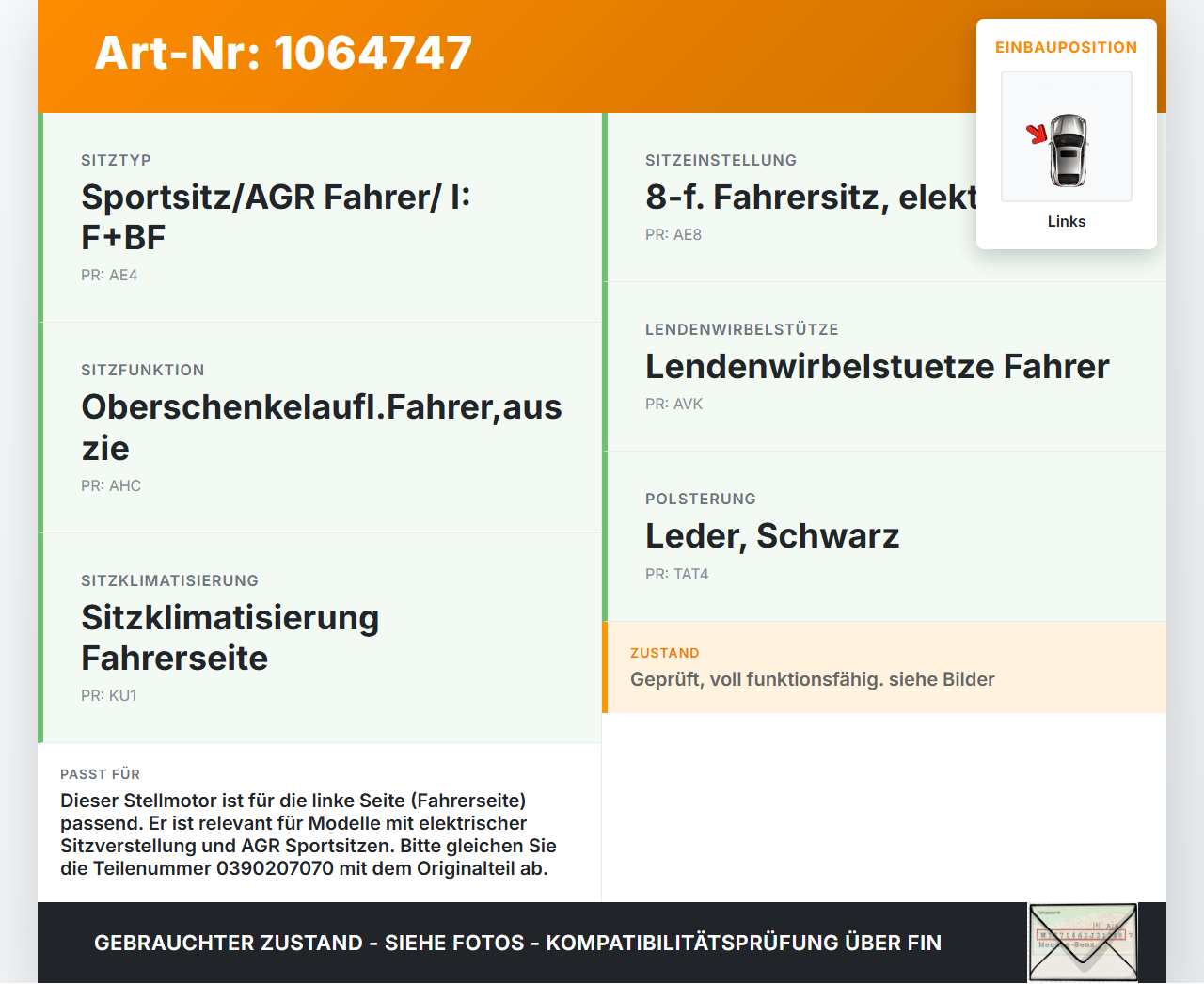 Opel Grandland I 17-21 Stellmotor Antrieb für Sitz Verstellung Links Opel Grandland I 17-21 29.03.2018 0390207070... Vorschau 3